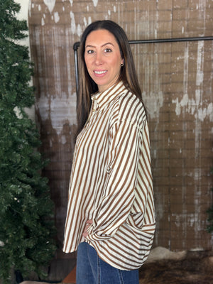 Camel Stripe Button Up Blouse with Scoop Back