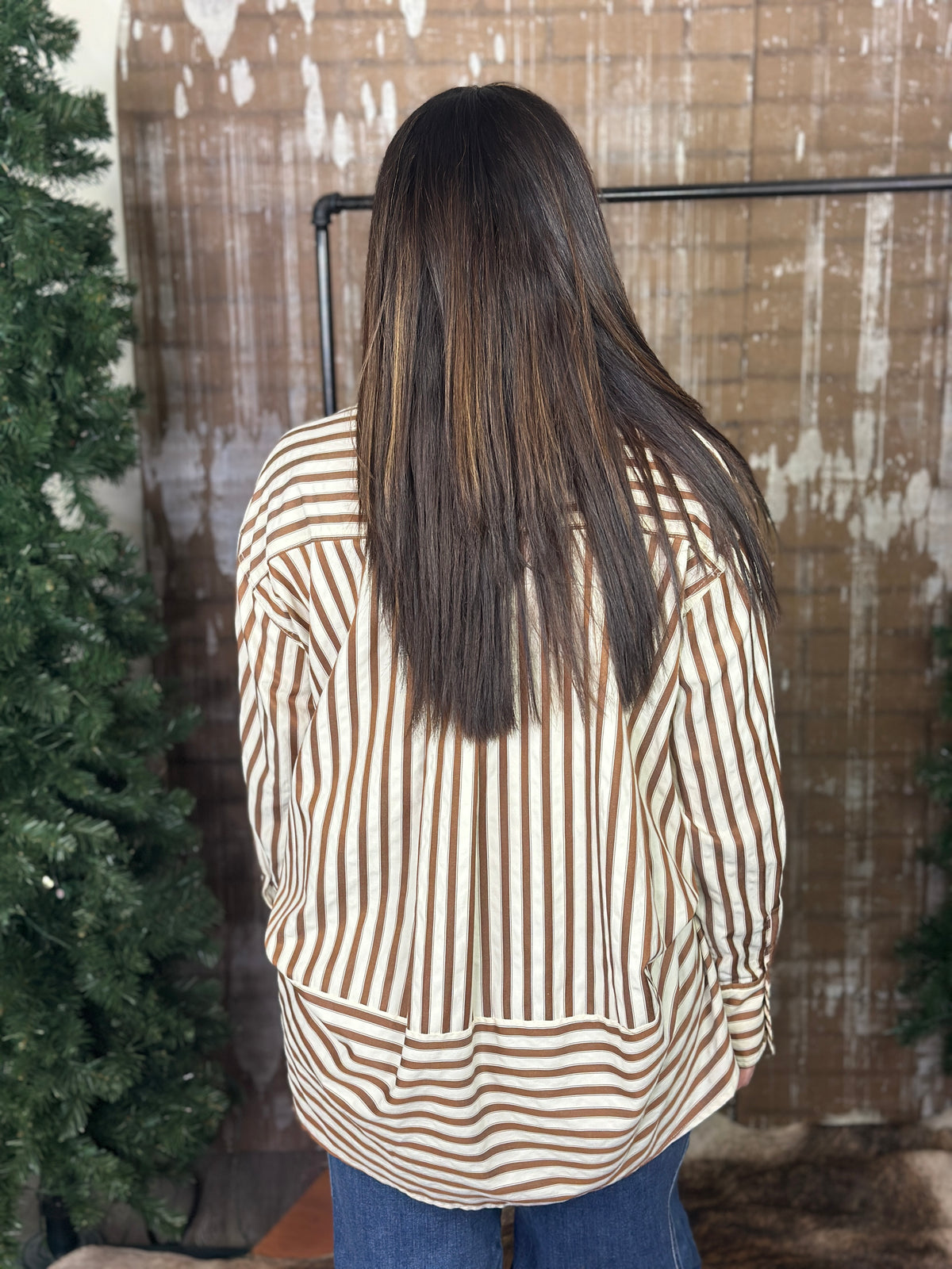 Camel Stripe Button Up Blouse with Scoop Back