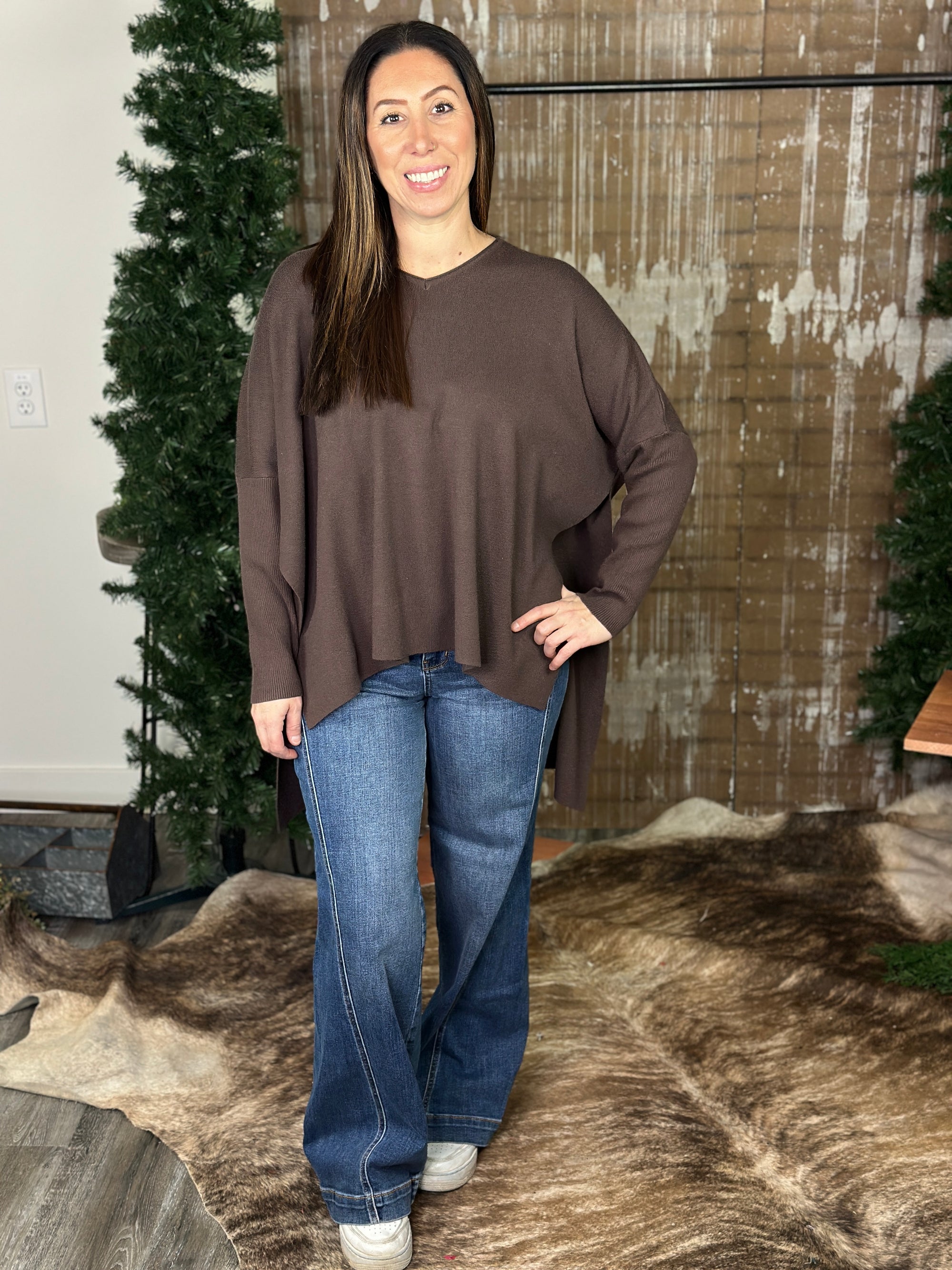 Chocolate Side Slit Vneck Sweater (Small - 3X)