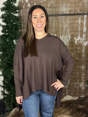 Chocolate Side Slit Vneck Sweater (Small - 3X)