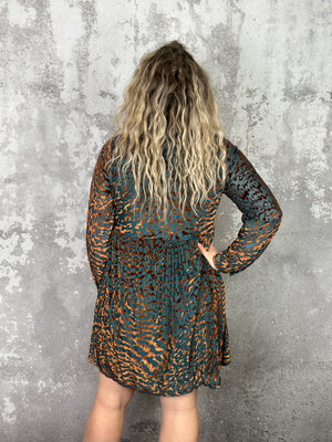 Velvet Teal and Rust Leopard Dress - (MEDIUM LEFT)