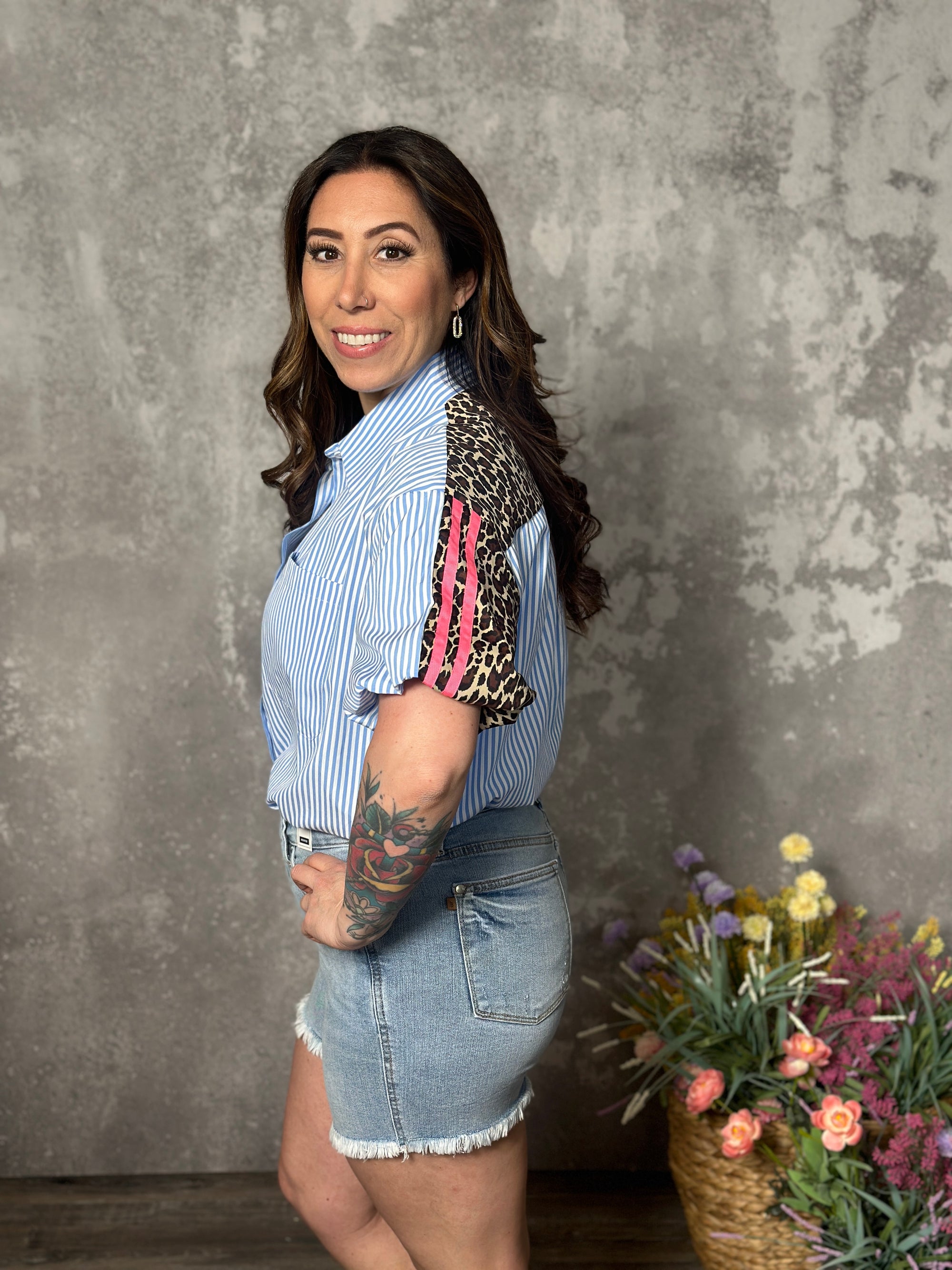 Blue Stripe Top with Leopard and Neon Stripe Accent