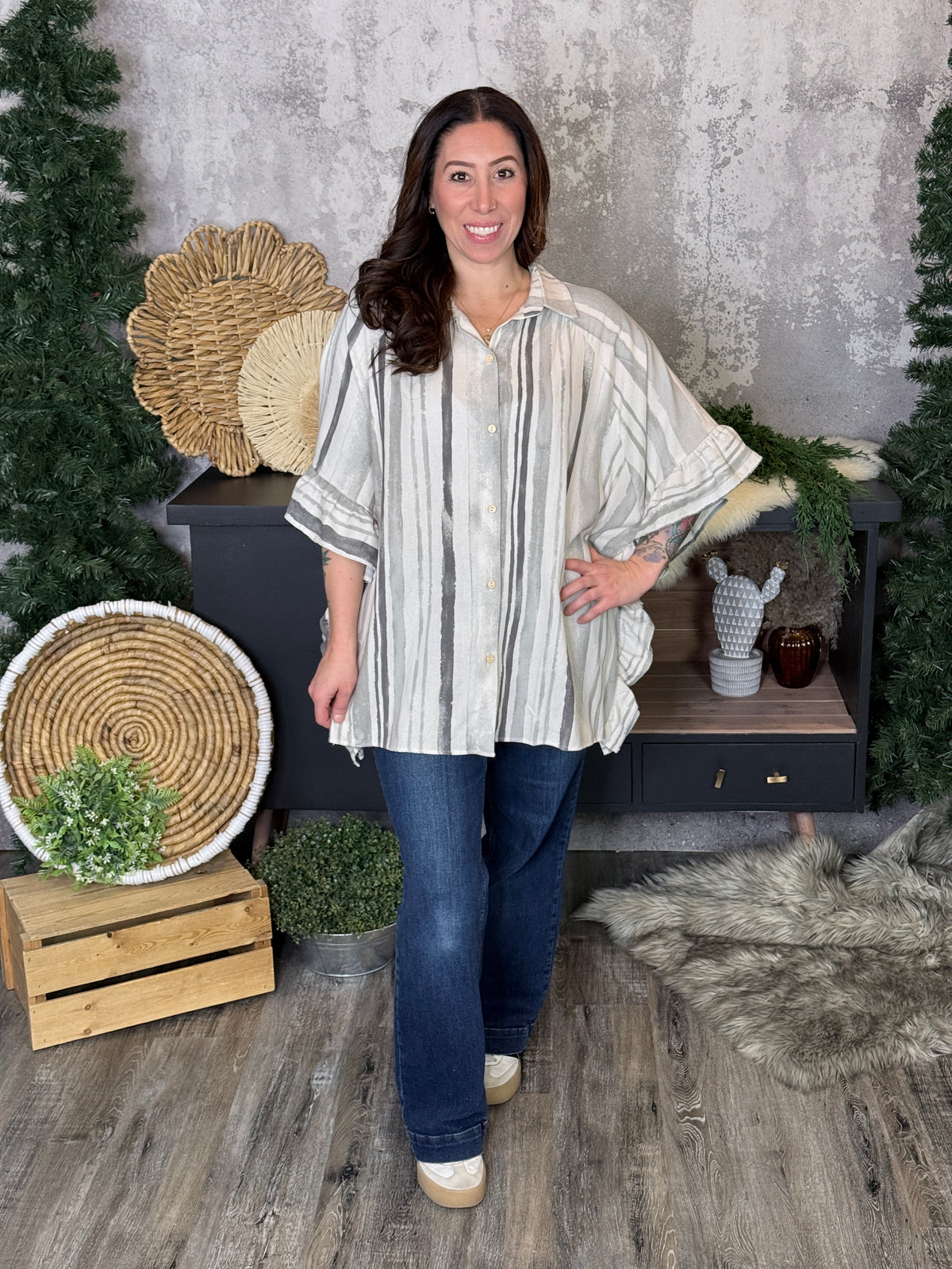 Grey Watercolor Stripe Ruffle Tunic Top - (Small - 3X)