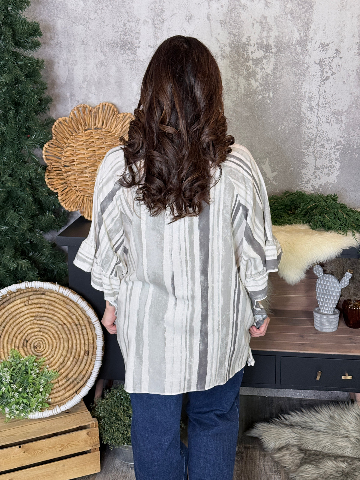 Grey Watercolor Stripe Ruffle Tunic Top - (Small - 3X)