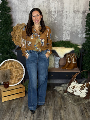 Front Ruffle Camel Western Blouse FINAL SALE