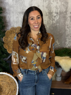 Front Ruffle Camel Western Blouse FINAL SALE