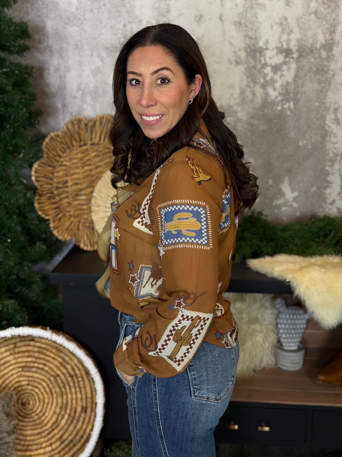 Front Ruffle Camel Western Blouse FINAL SALE