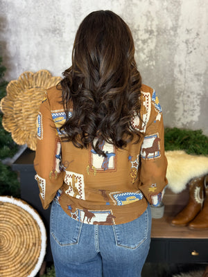 Front Ruffle Camel Western Blouse FINAL SALE