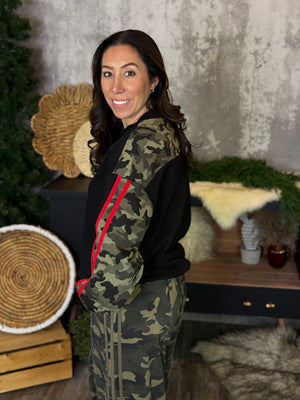 Black Crewneck with Camo and Red Stripe (Small - 3X)