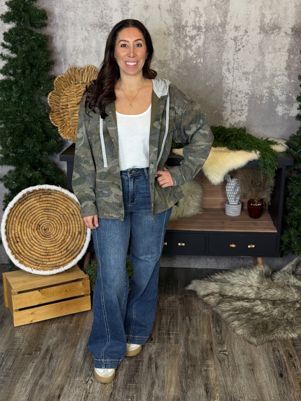 Hooded Camo Button Up Sweatshirt Shacket (Small - 3X)