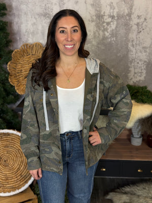 Hooded Camo Button Up Sweatshirt Shacket (Small - 3X)