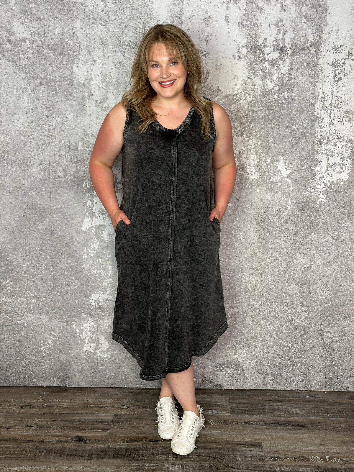 Mineral Wash Vneck Midi Dress