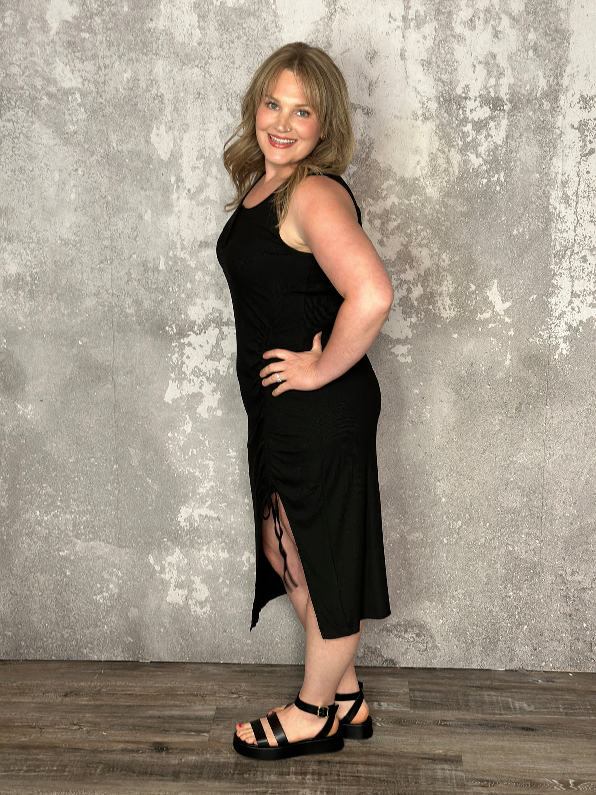 Side Slit Button Detail Tank Dress  - Black (Small - 3X) - FINAL SALE