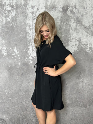 Black Waist Tie Button Dress (Small - 3X) *NEW COLOR