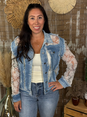 Denim and Sheer Floral Lace Jacket