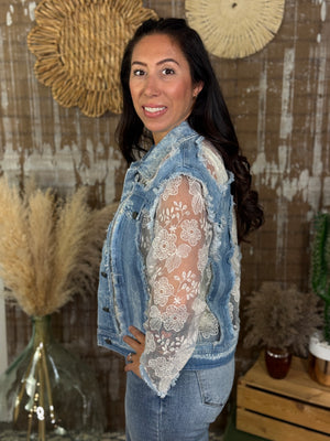 Denim and Sheer Floral Lace Jacket