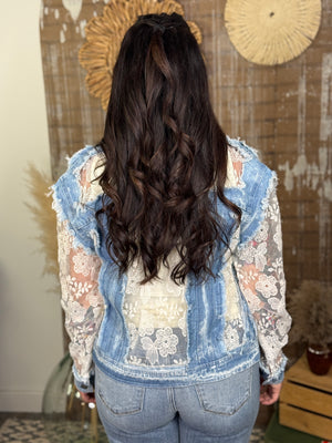 Denim and Sheer Floral Lace Jacket