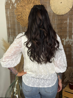 White Peter Pan Collar Floral Top  - (Small - 3X)