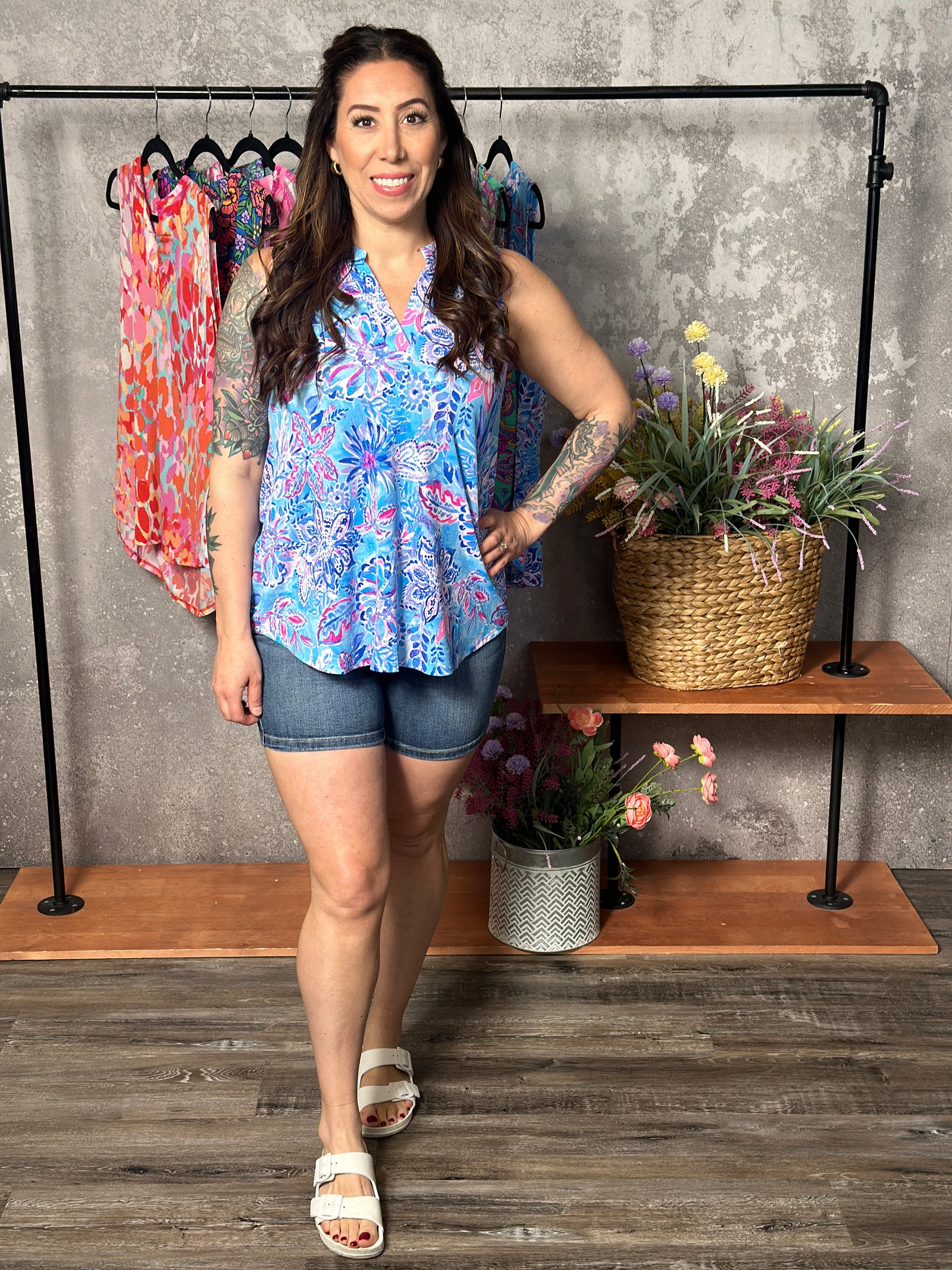 Lizzie Wrinkle Free Print Tank - Light Blue Floral (Small - 3X) - FINAL SALE
