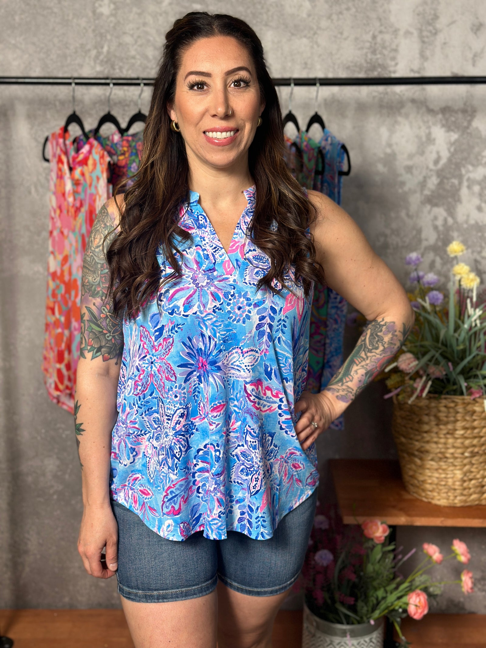 Lizzie Wrinkle Free Print Tank - Light Blue Floral (Small - 3X) - FINAL SALE