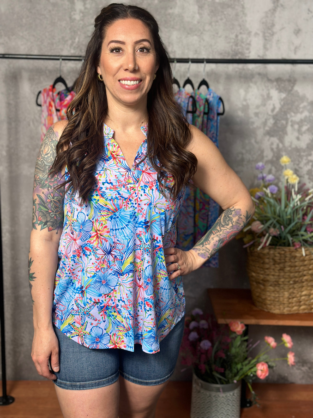 Lizzie Wrinkle Free Print Tank - Seascape (Small - 3X) - FINAL SALE