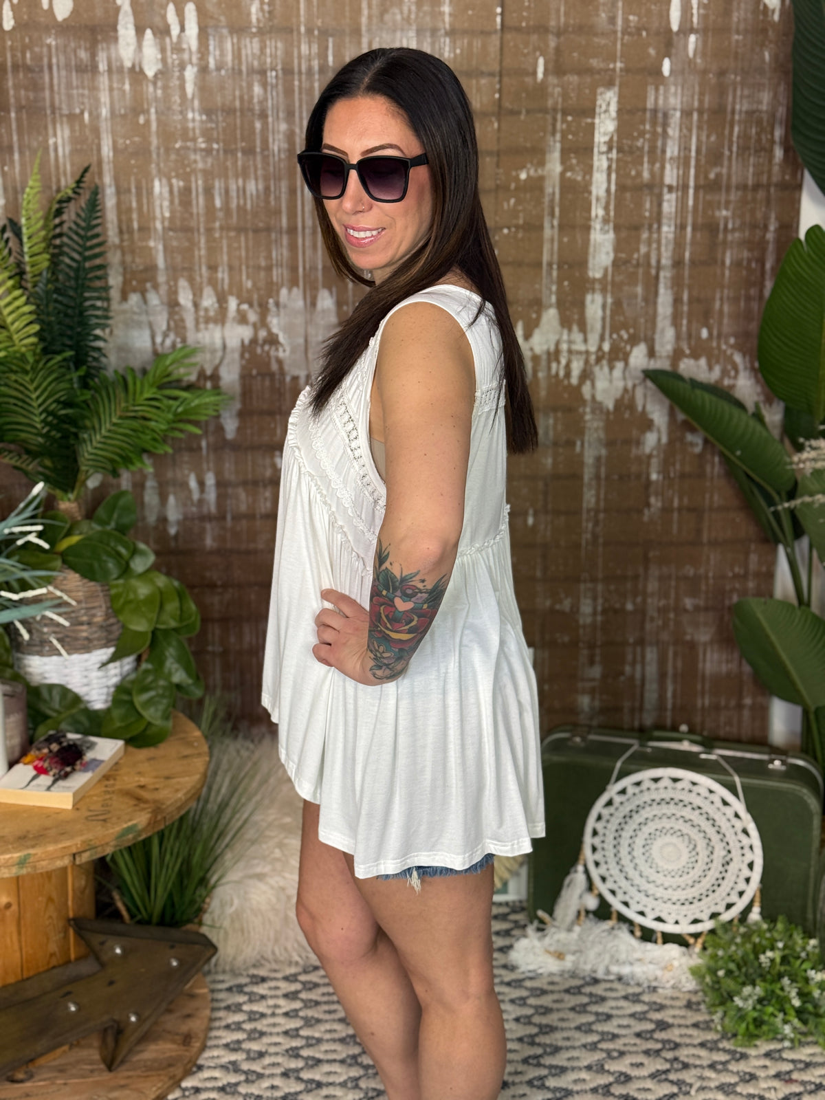 Vneck Tank with Dainty Crochet Detail - White