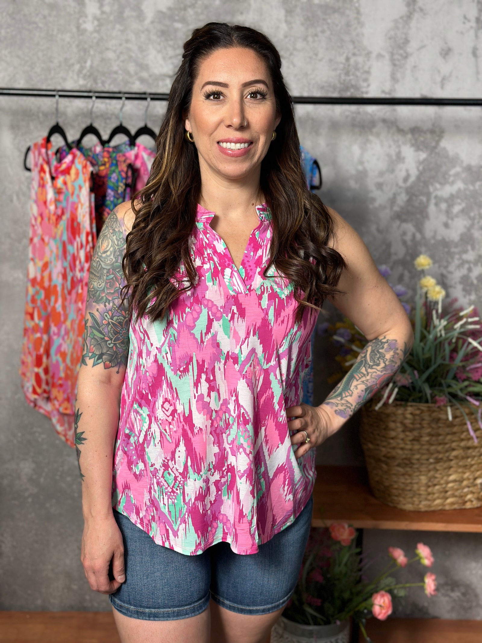 Lizzie Wrinkle Free Print Tank - Abstract Pink/Mint (Small - 3X) - FINAL SALE