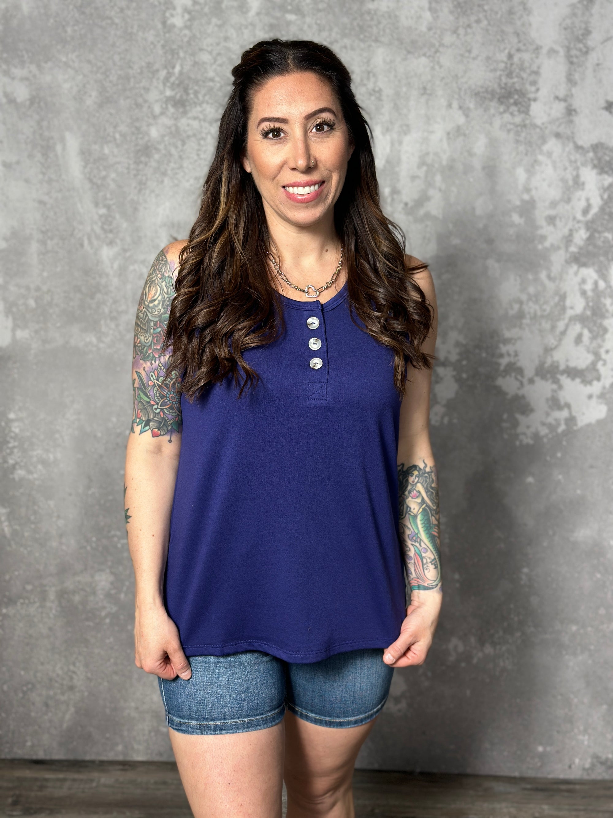 The Bexley Button Tank - Navy (Small - 3X)