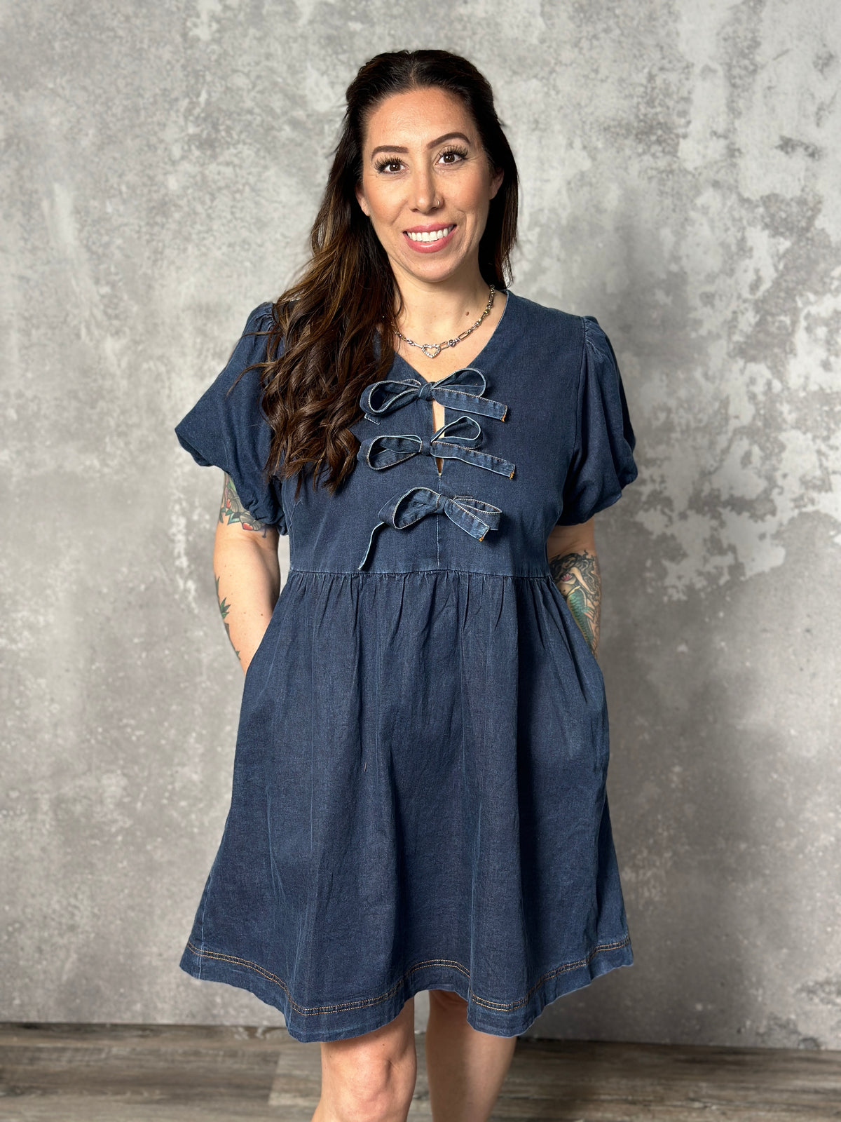 Denim Front Tie Puff Sleeve Dress with Pockets - (Small - 2X)