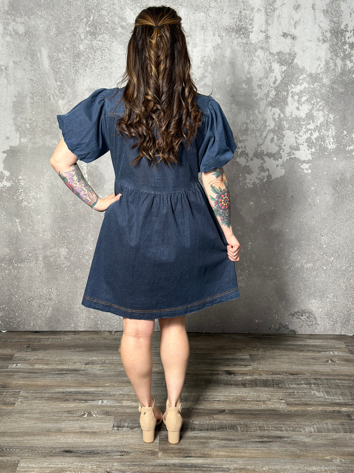 Denim Front Tie Puff Sleeve Dress with Pockets - (Small - 2X)