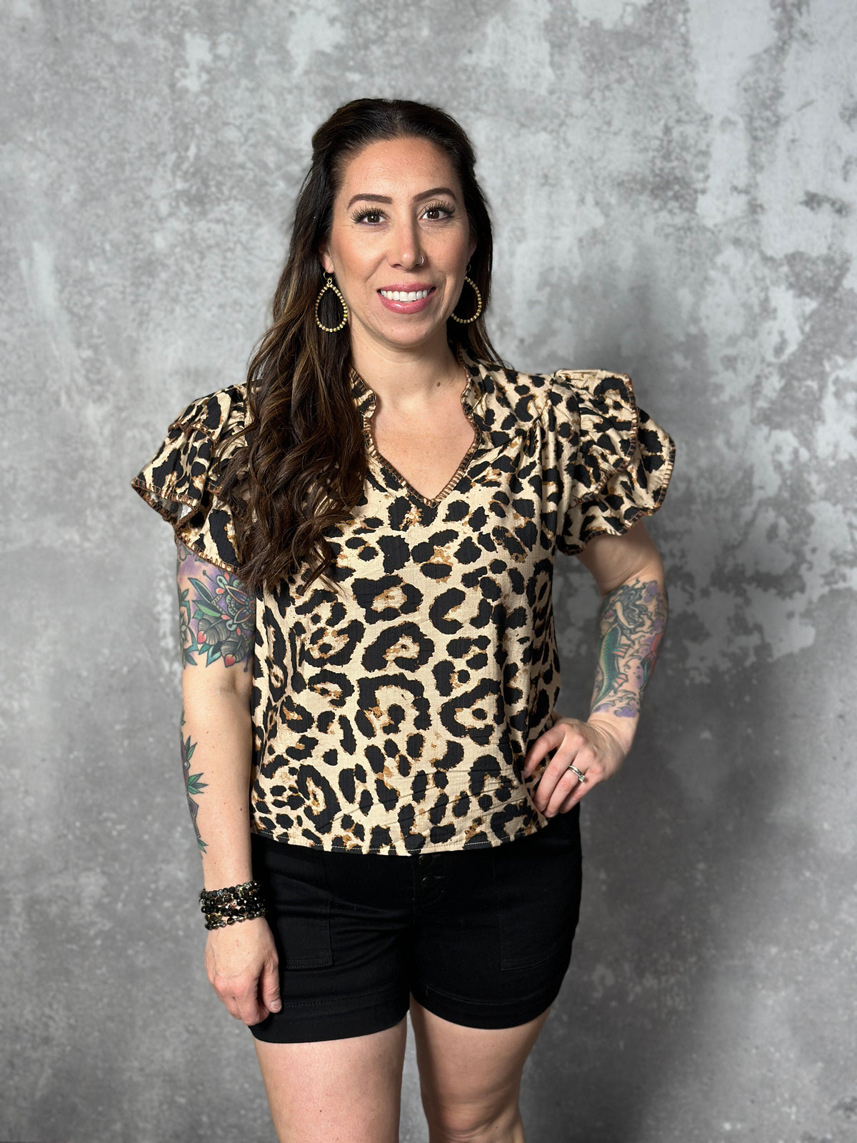 Leopard Top with Basket Weave Trim
