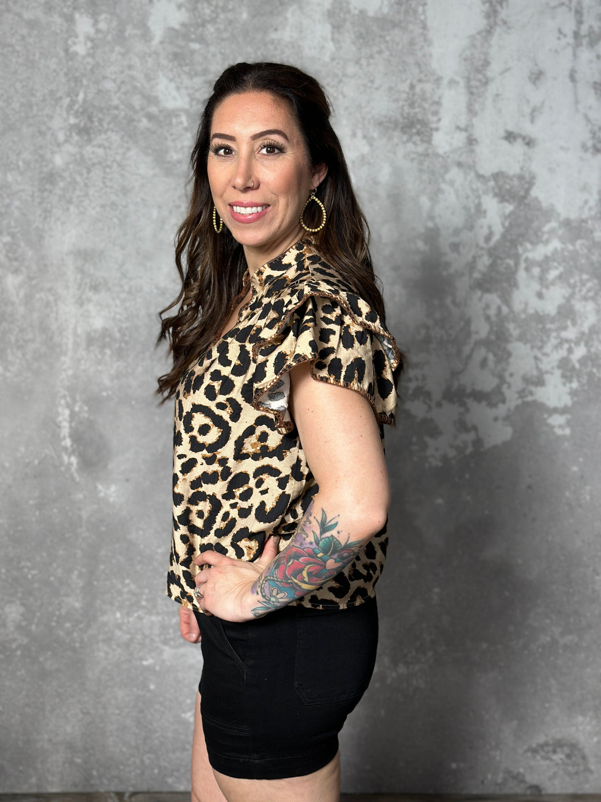 Leopard Top with Basket Weave Trim