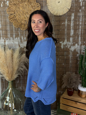Short Sleeve Large Knit Sweater - Periwinkle Blue (Small - 3X)