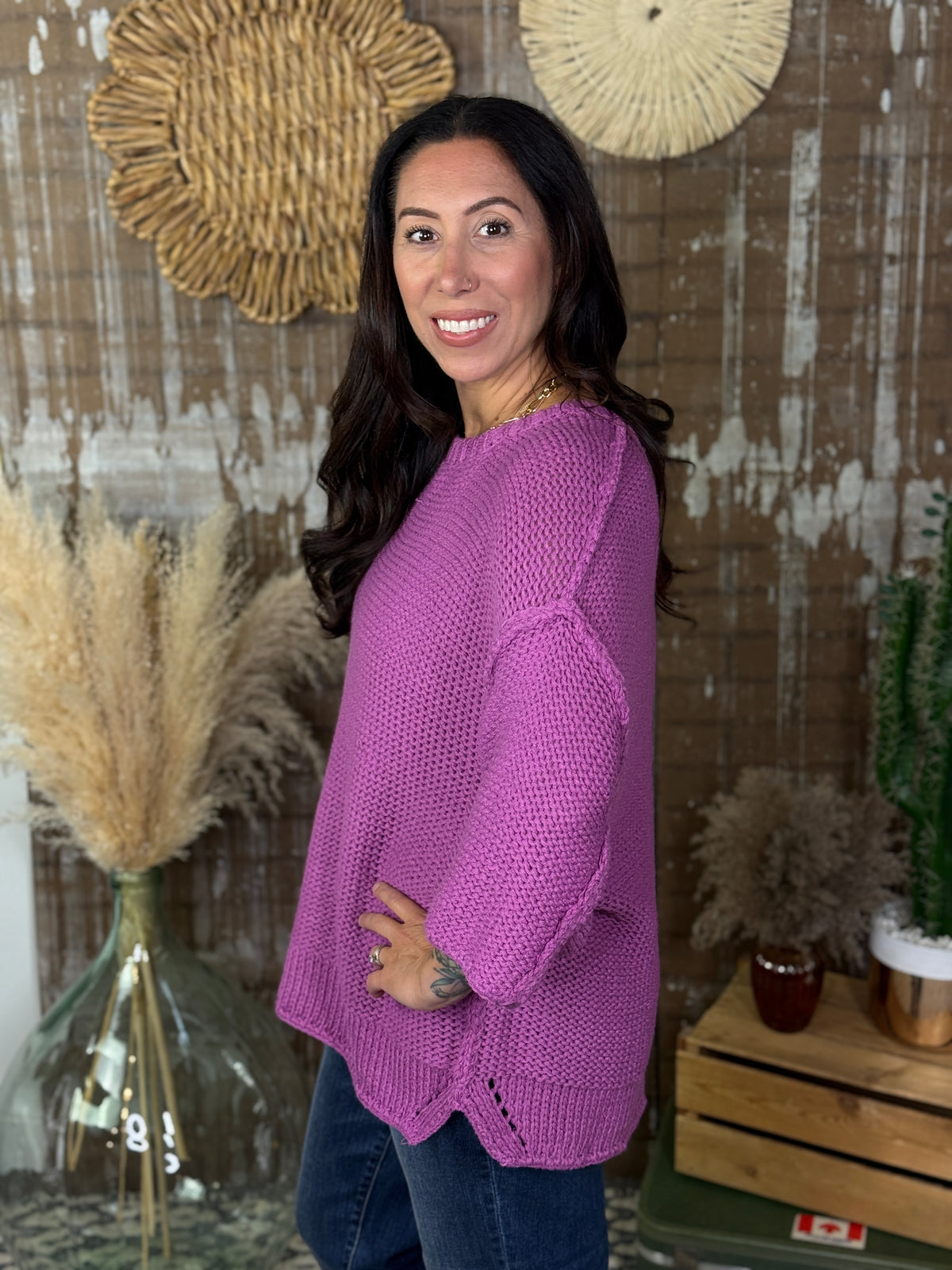 Short Sleeve Large Knit Sweater - Orchid
