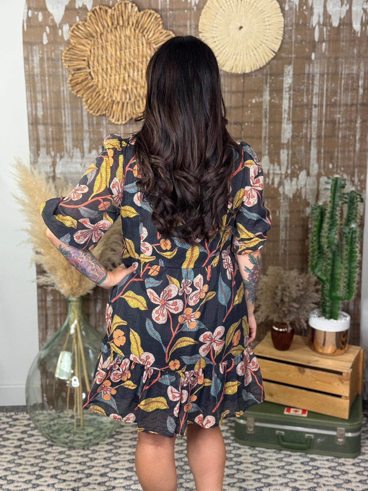 Brown 3/4 Sleeve Fall Floral Dress