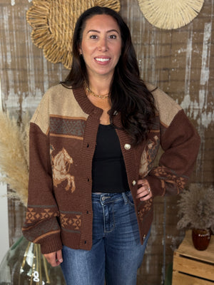 Brown Geo Horse Cardigan