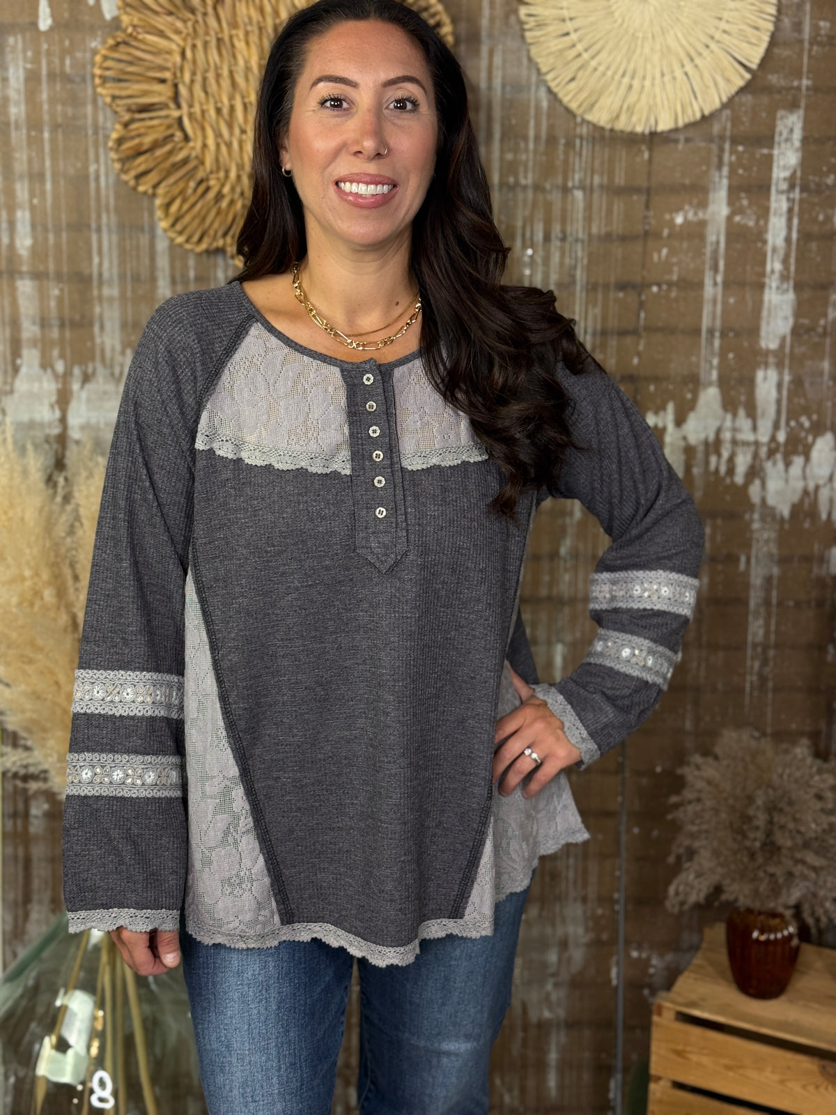 Grey Lace Thermal Long Sleeve Top