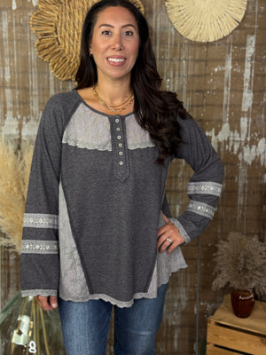 Grey Lace Thermal Long Sleeve Top