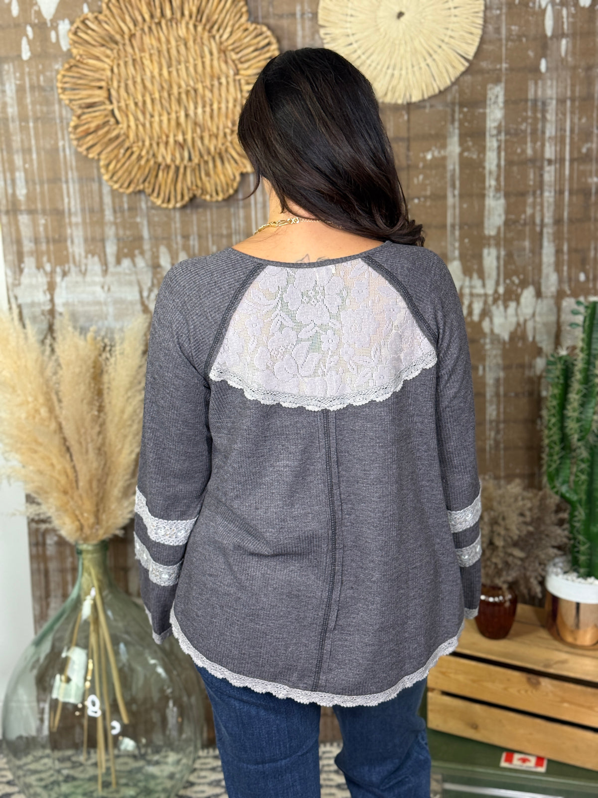 Grey Lace Thermal Long Sleeve Top