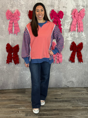 Coral/Blue Stripe Sleeve Sweatshirt