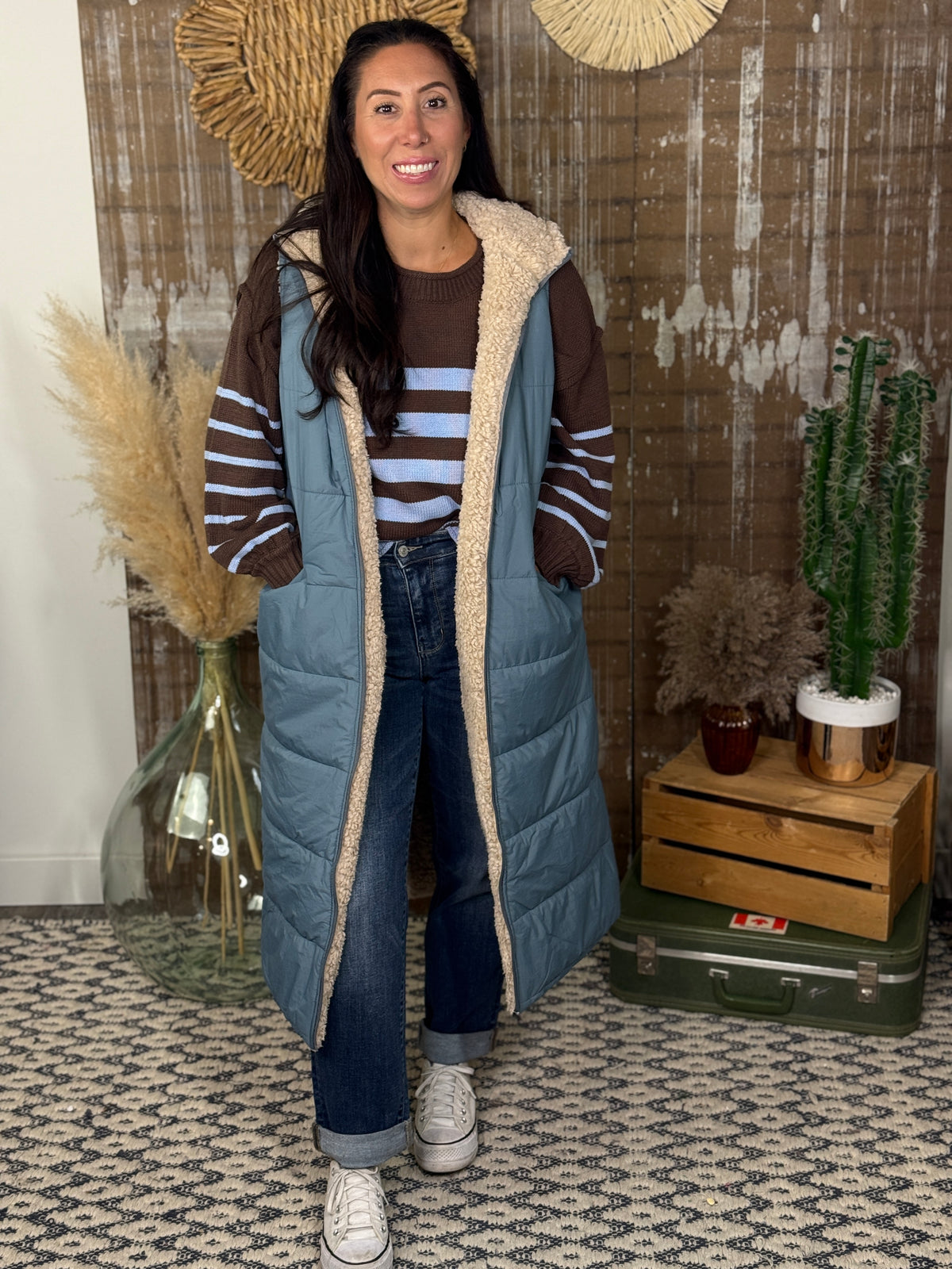 Sherpa Lined Puffer Vest - Dusty Blue