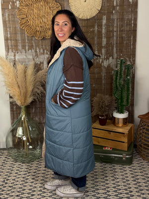 Sherpa Lined Puffer Vest - Dusty Blue