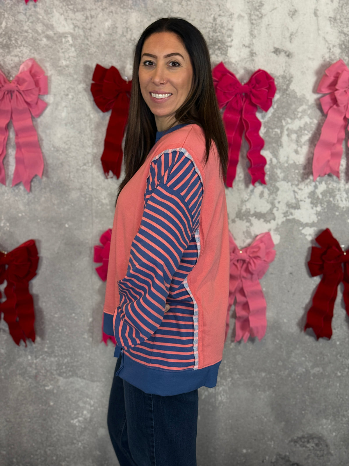 Coral/Blue Stripe Sleeve Sweatshirt