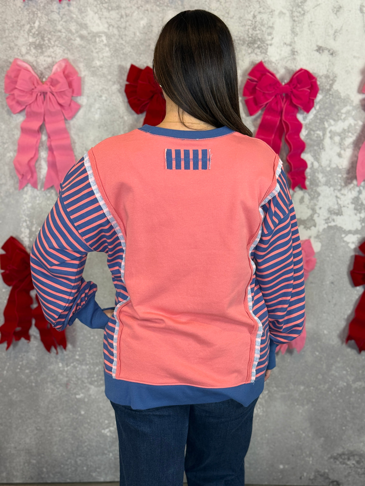 Coral/Blue Stripe Sleeve Sweatshirt