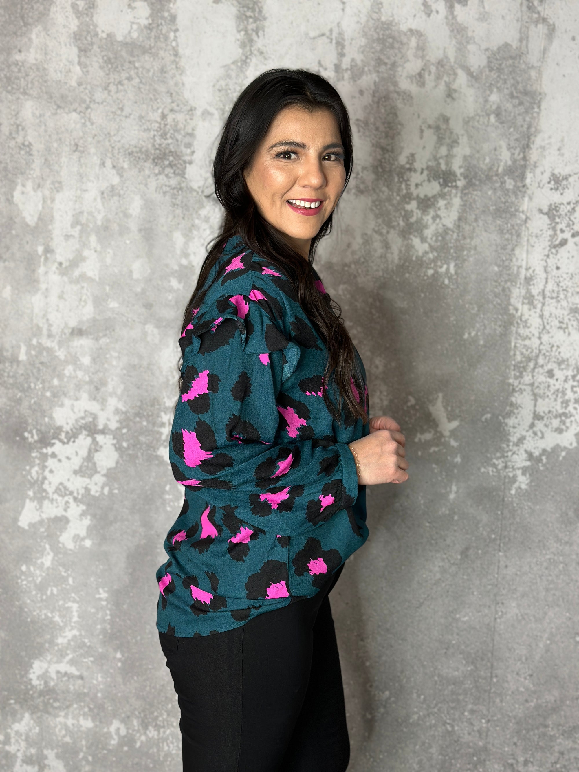Teal Leopard Ruffle Blouse (Small - 3X)