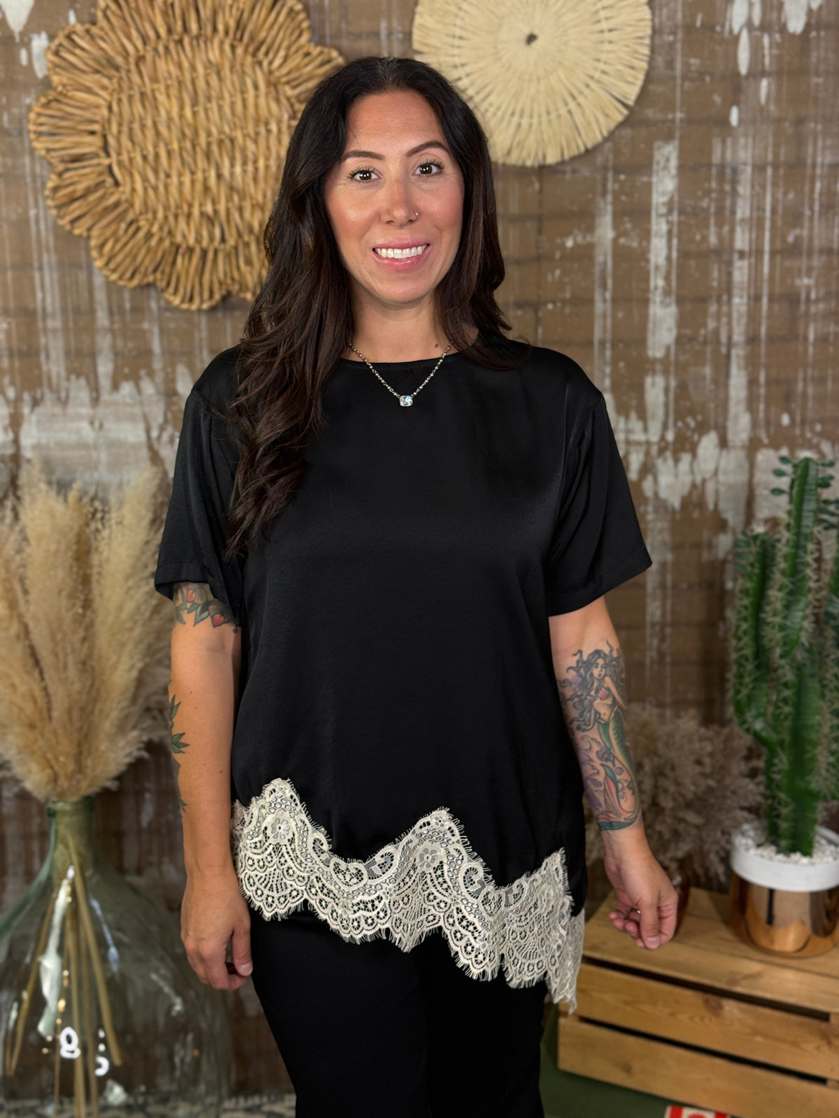 Black Assymetrical Top with Lace Detail