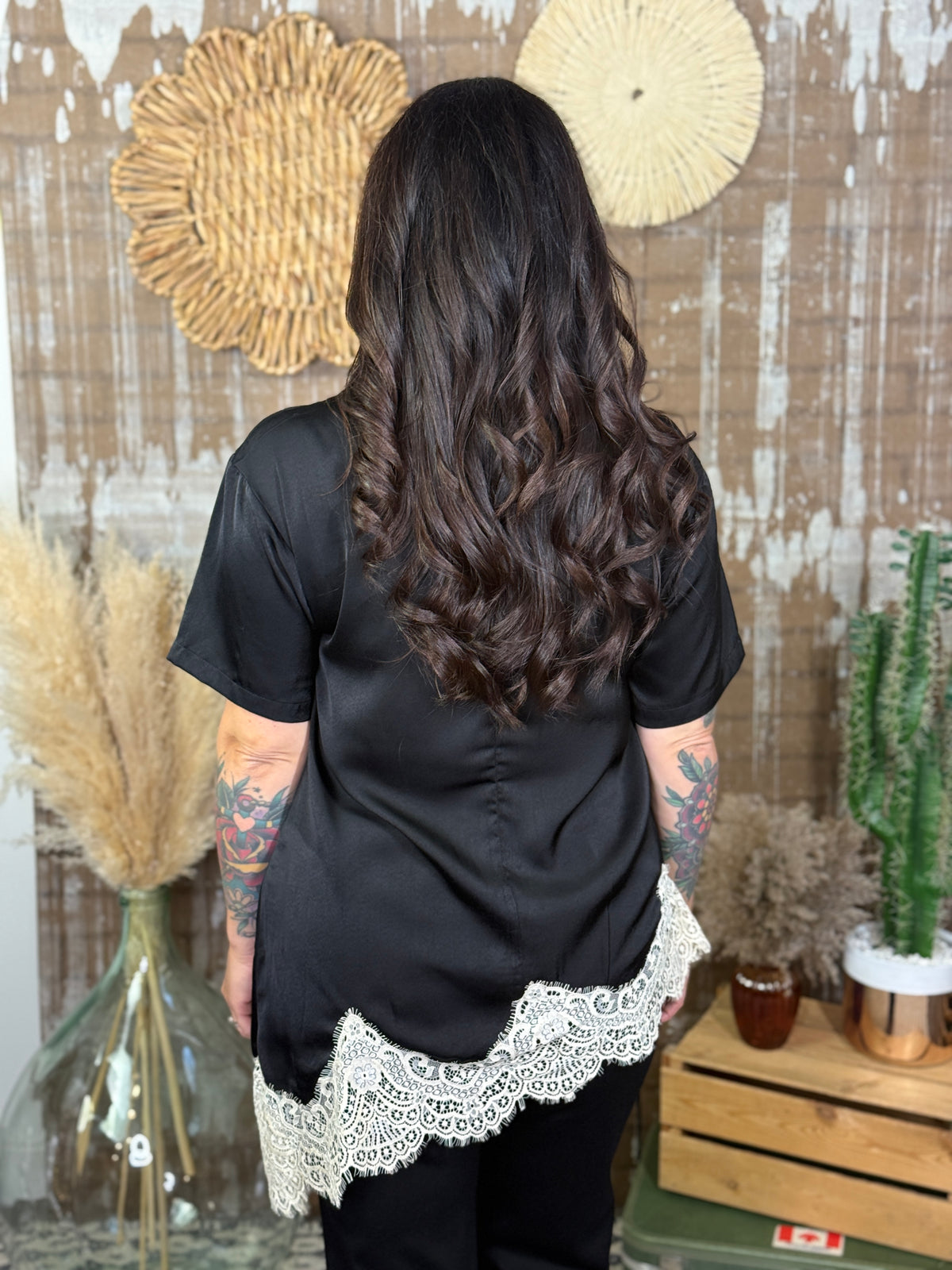 Black Assymetrical Top with Lace Detail