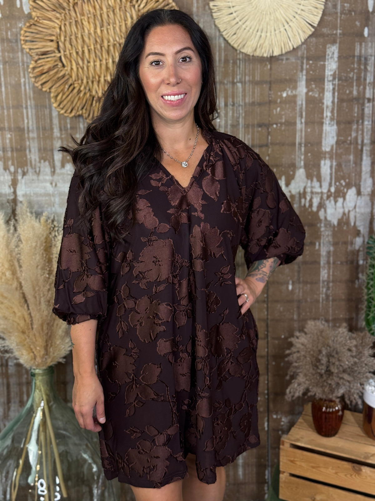 Brown Floral Textured Dress (Small - 2X)