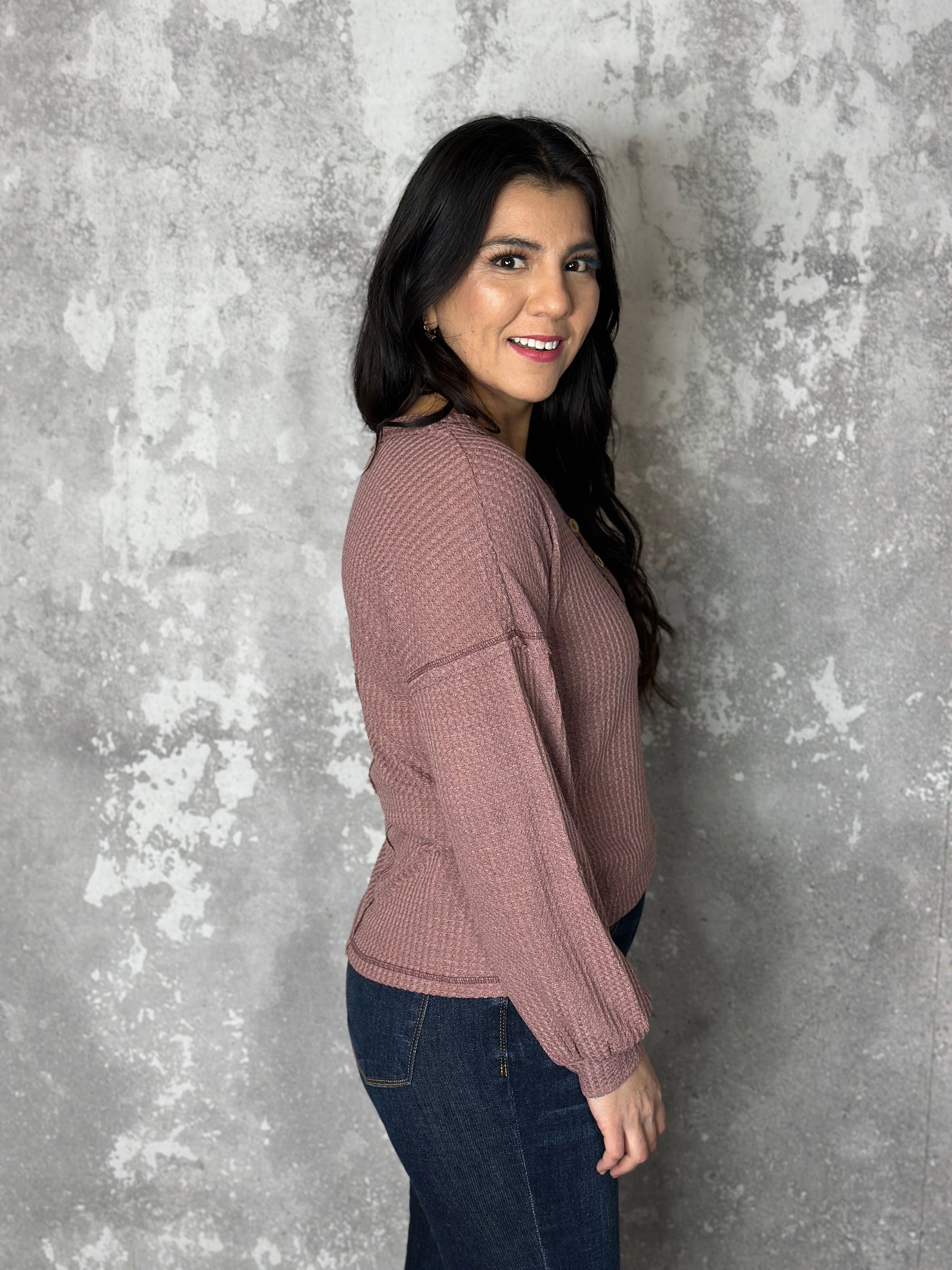Long Sleeve Mauve Waffle Top with Button Detail (Small - 3X)
