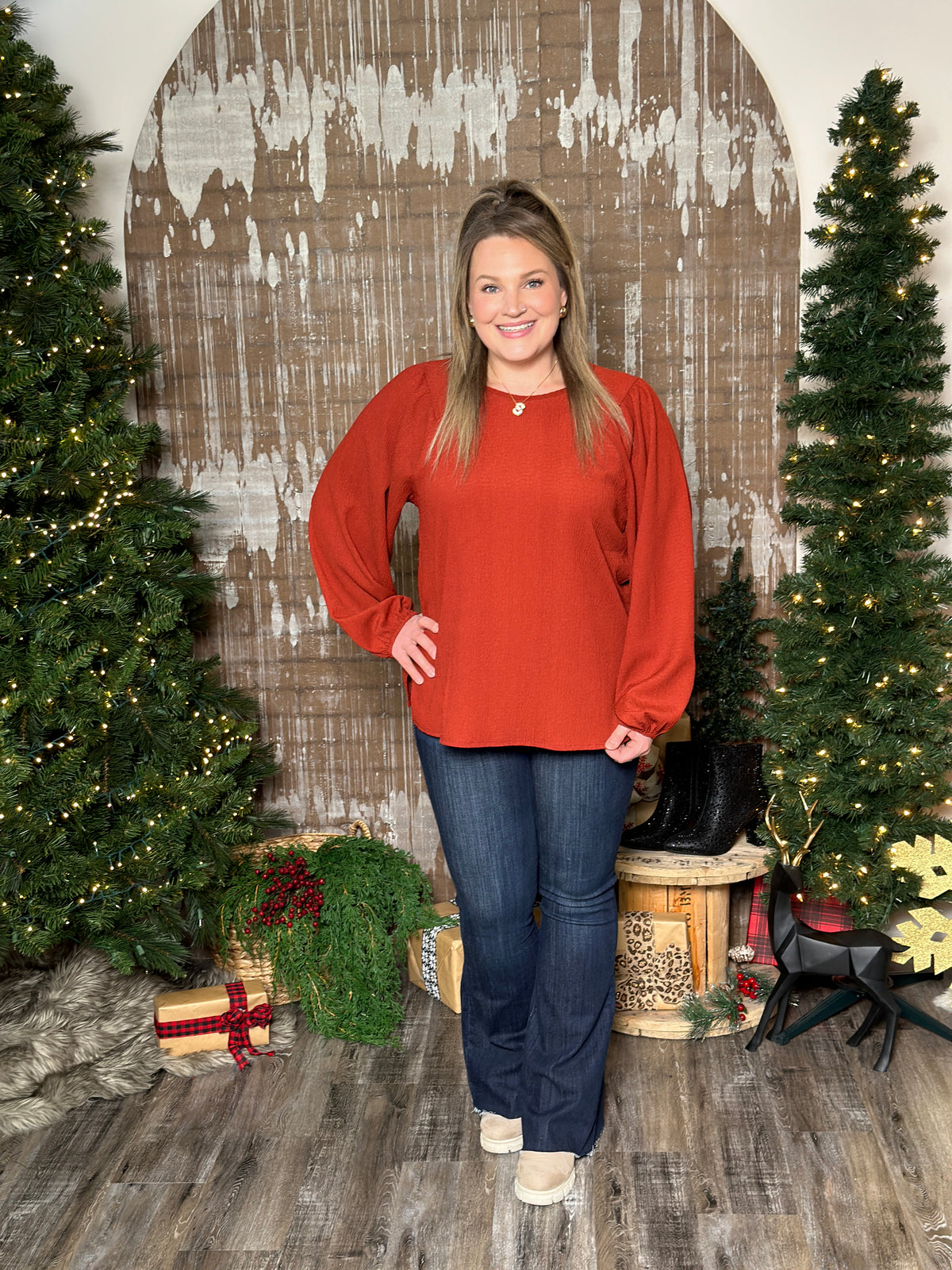 DOORCRASHER - Roundneck Crinkle Blouse -Rust - FINAL SALE